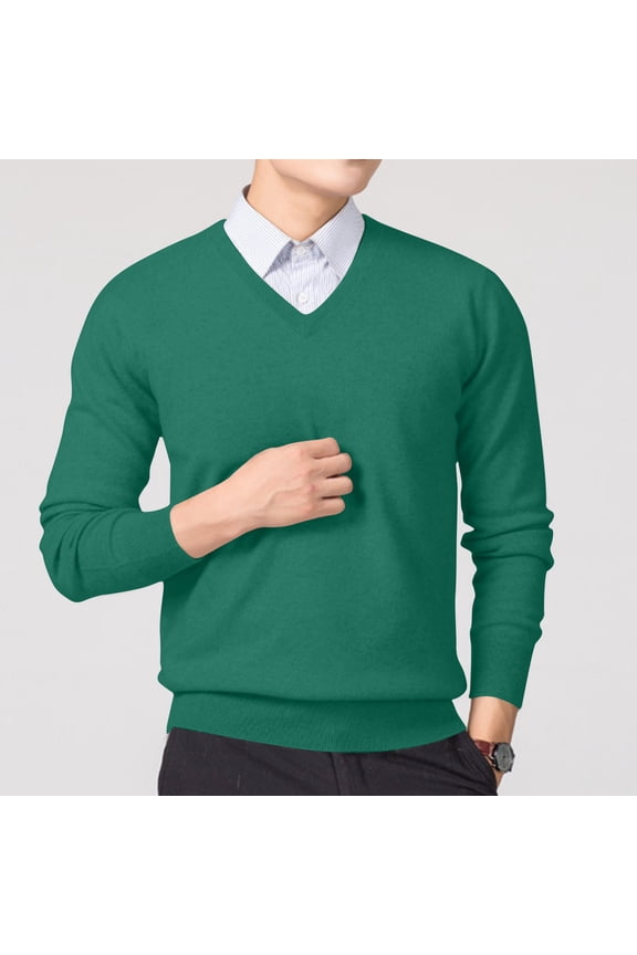 Men's V-Neck Wool Blend Pullover Sweater Long Sleeve Slim Fit Casual Daily Classic Solid Color Jumper Tops Green M