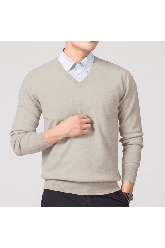 Men's V-Neck Wool Blend Pullover Sweater Long Sleeve Slim Fit Casual Daily Classic Solid Color Jumper Tops Khaki M
