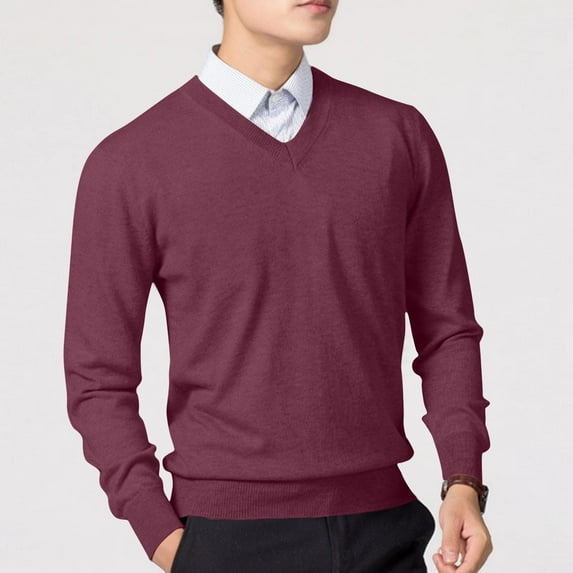 YLSDY Men's V-Neck Wool Blend Pullover Sweater Long Sleeve Slim Fit Casual Daily Classic Solid Color Jumper Tops Wine XXXL