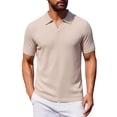 thumbnail image 1 of YLSDY Men's Vertical Ribbed V-Neck Collared Shirt, Textured Knit, Short Sleeve Casual Top Khaki L, 1 of 5