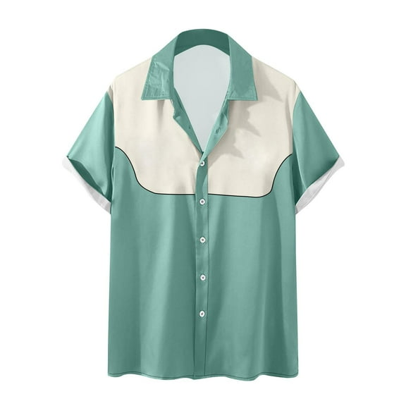 YLSDY Men's Vintage Colorblock Printed Shirt Casual Short Sleeve Button Down Retro Shirts Summer Fashion Sport Beach Tops Light Blue L