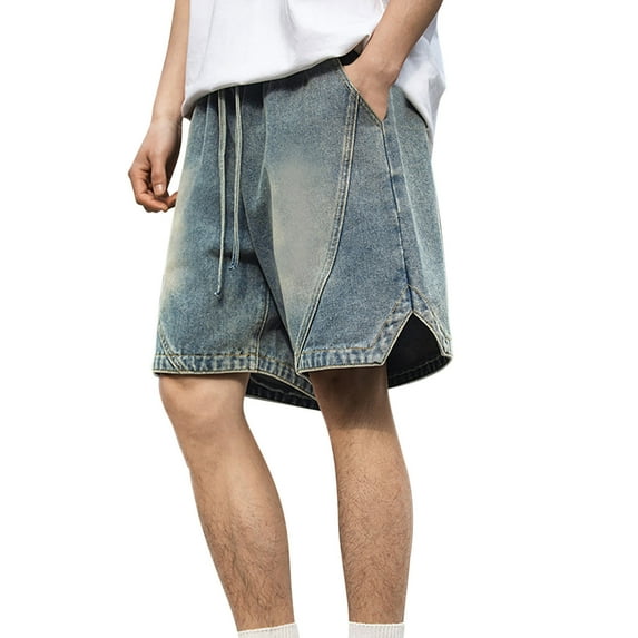 YLSDY Men's Vintage Denim Shorts Baggy Jean Shorts Wide Leg Elastic Drawstring Waist Baggy Jorts Streetwear Blue L