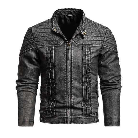 YLSDY Men's Vintage Distressed Stand Collar Leather Jacket Casual Slim Fit Motorcycle Biker Coat Faux Leather Windbreaker Black XL