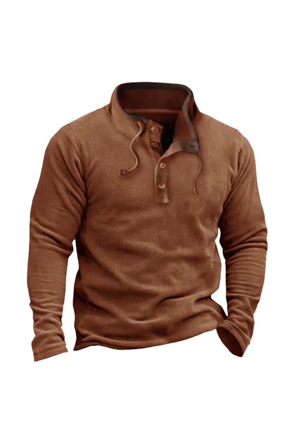 Men's Vintage Stand Collar Fleece Sweatshirt Stylish 2025 Fall Winter Button Up Long Sleeve Pullover Outerwear Tops Brown S