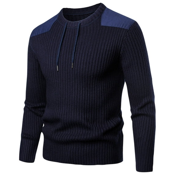 YLSDY Men's Vintage Stripe Knit Sweater Cotton Slim Fit Crew Neck Pullover Sweater Long Sleeve Dressy Splice Tactical Sweater Navy L