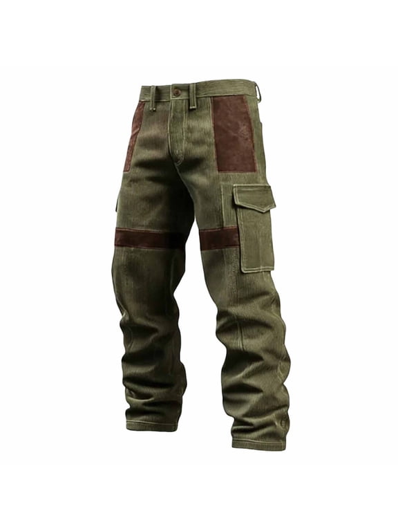 Men's Vintage Washed Patchwork Cargo Pants, Button & Zipper Waist, Straight Leg Retro Casual Trousers Army Green M