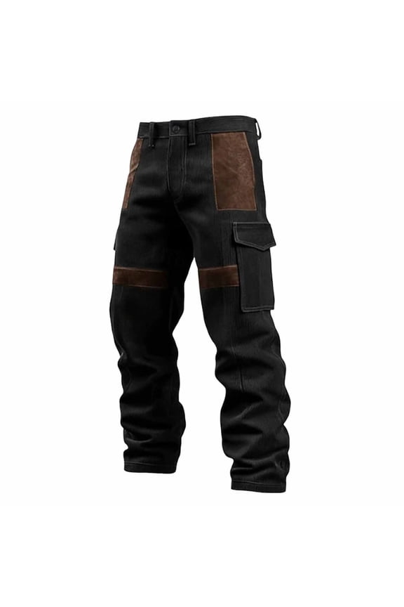 Men's Vintage Washed Patchwork Cargo Pants, Button & Zipper Waist, Straight Leg Retro Casual Trousers Black XL