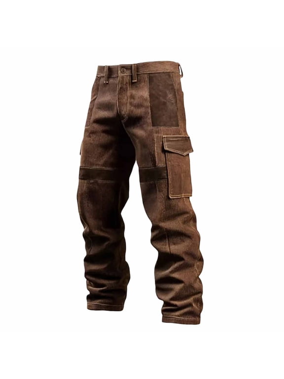 Men's Vintage Washed Patchwork Cargo Pants, Button & Zipper Waist, Straight Leg Retro Casual Trousers Brown L