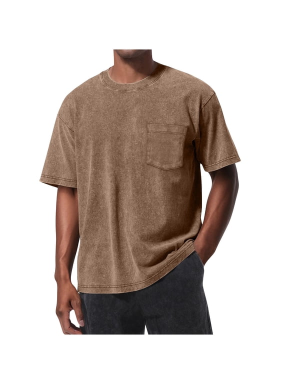 Men's Vintage Washed T-Shirt with Pocket Short Sleeve Cotton Crew Neck Shirt Loose Casual Retro Tee Summer Streetwear Top Brown XXXL