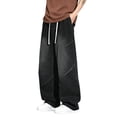 thumbnail image 1 of YLSDY Men's Vintage Washed Wide Leg Jeans, Stitched Details & Elastic Waist Drawstring, Retro Denim Trousers for Men Black M, 1 of 8