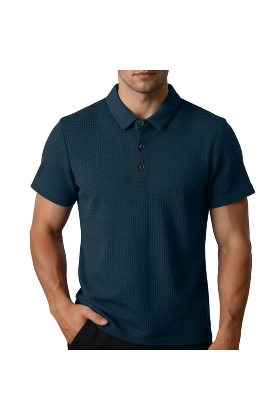 Men's Waffle Grid Collared Shirt, Textured Knit, Short Sleeve Button Placket Casual Top Navy XXL