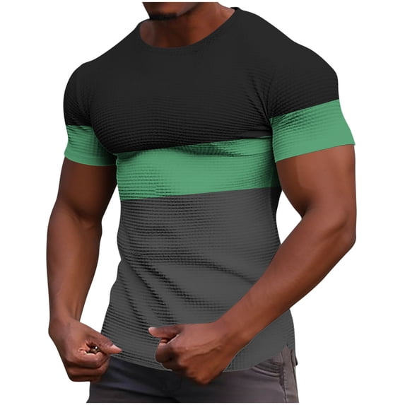 YLSDY Men's Waffle Knit Abstract Print Crew Neck Short Sleeve T Shirt Casual Loose Fit Active Loungewear Top Green XXXL