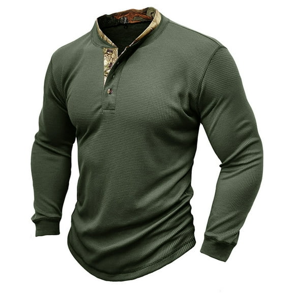 YLSDY Men's Waffle Knit Henley Shirt Long Sleeve Outdoor Thermal Pullover Tees Camo Patchwork Tee Tops Army Green L