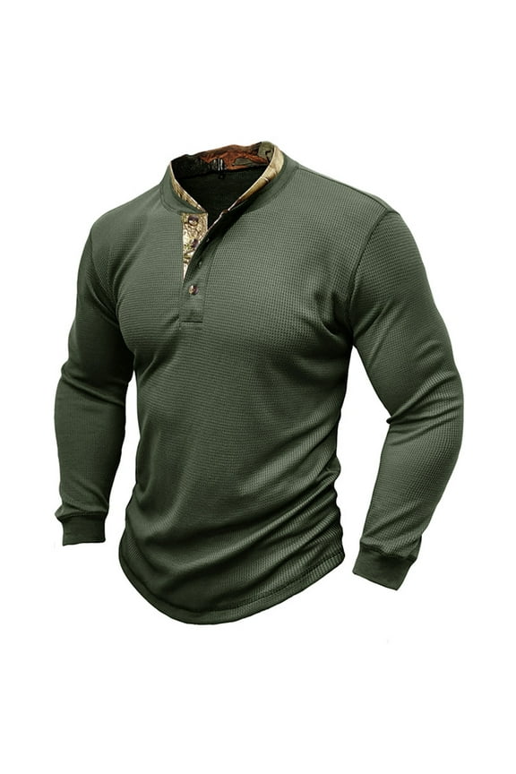 Men's Waffle Knit Henley Shirt Long Sleeve Outdoor Thermal Pullover Tees Camo Patchwork Tee Tops Army Green XL