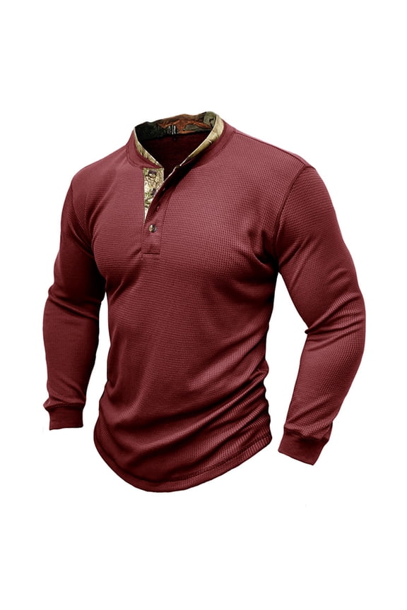 Men's Waffle Knit Henley Shirt Long Sleeve Outdoor Thermal Pullover Tees Camo Patchwork Tee Tops Wine L