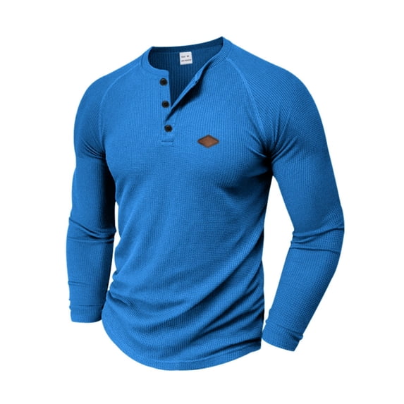 YLSDY Men's Waffle Knit Henley Shirts Slim Fit Long Sleeve Button Work Golf Blouses Tops Lightweight Stretch Business Pullover Tee Blue XL