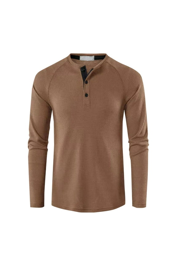 Men's Waffle Knit Long Sleeve T-Shirt Henley Button Up Top Thermal Shirts Brown L
