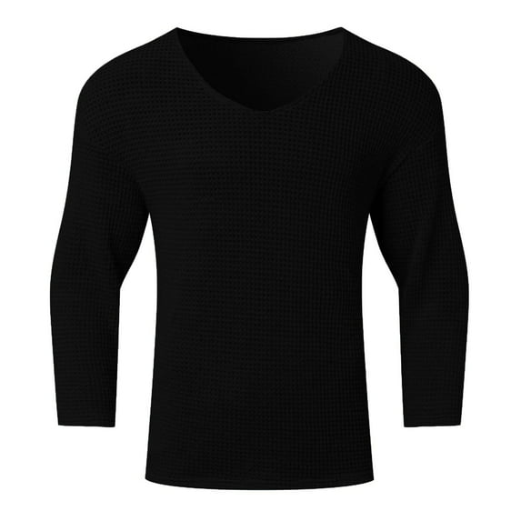 YLSDY Men's Waffle Knit Long Sleeve V-Neck T-Shirt Thermal Top Basic Shirts Black XXXL