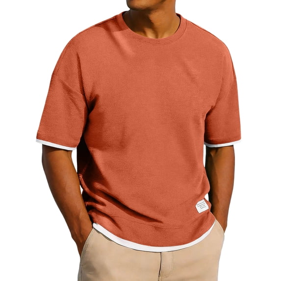 YLSDY Men's Waffle Knit Short Sleeve T-Shirts Loose Fit Crew Neck Layered Look Tees Orange L
