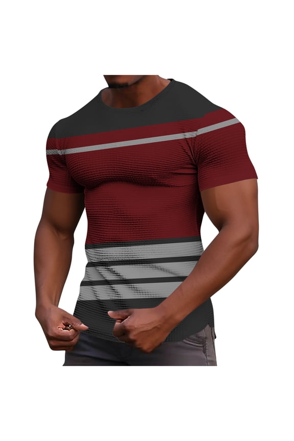 Men's Waffle Knit Stripe Print Crew Neck Short Sleeve T Shirt Casual Loose Fit Active Loungewear Top Wine S