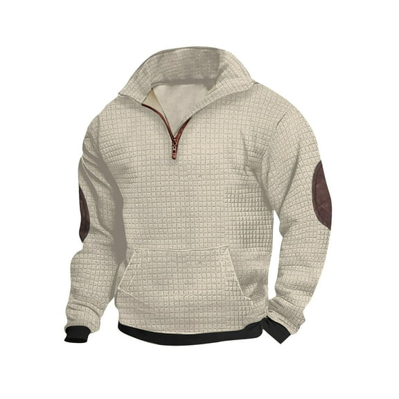 YLSDY Men's Waffle Knit Sweater Half Zip Waffle Knit Pullover Sweater with Elbow Patch Kangaroo Pocket Beige L