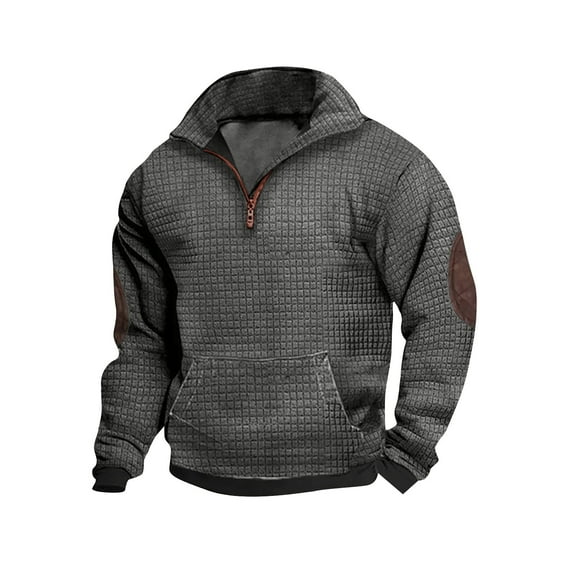 YLSDY Men's Waffle Knit Sweater Half Zip Waffle Knit Pullover Sweater with Elbow Patch Kangaroo Pocket Gray XXL