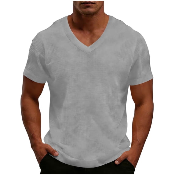 YLSDY Men's Waffle Knit V-Neck T-Shirt Summer Fashion Casual Solid Color Short Sleeve Tee Gray XL