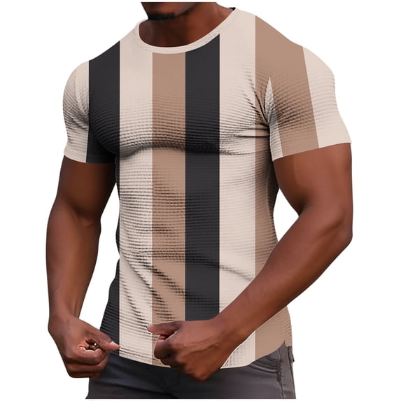 YLSDY Men's Waffle Knit Vertical Stripe Print Crew Neck Short Sleeve T Shirt Casual Loose Fit Active Loungewear Top Beige M