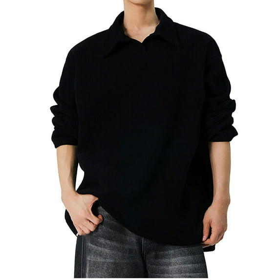 YLSDY Men's Waffle Lapel Neck Shirts Casual Button Down Basic Shirts Long Sleeve Solid Color Loose Pullover Tops Plus Size Collared Shirts Black M
