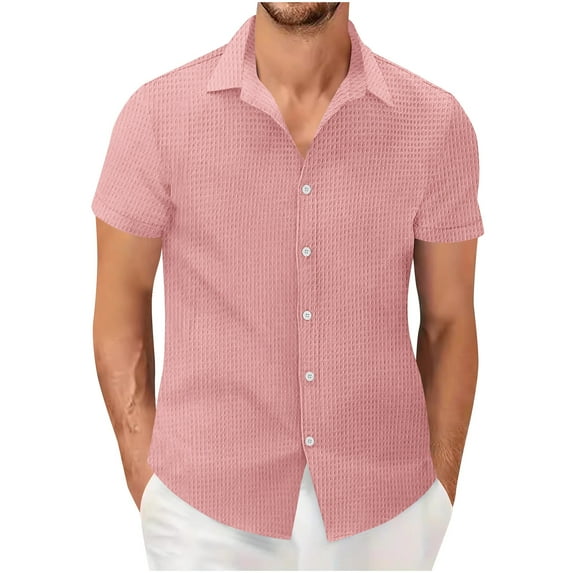 YLSDY Men's Waffle Textured Loose Beach Shirt Loose Wrinkle Knit Tops for Men Male Waffle Short Sleeve Shirt Pink XL
