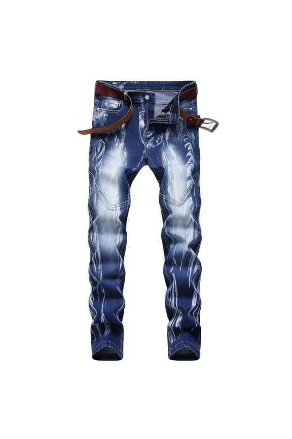 Men's Washed Blue Denim Pants Slim Fit Straight Tube Jeans Hip Hop Skinny Stretch Pants Y2K High Waist Zip Trousers Light Blue S