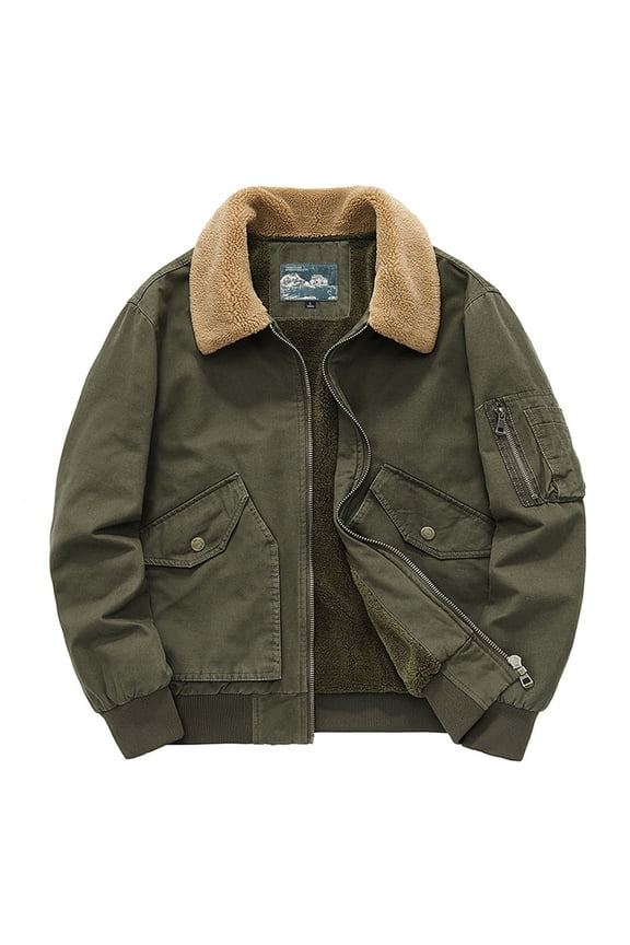 Men's Washed Cotton Military Jacket Sherpa Lined Utility Jacket Thick Warm Winter Jacket High Neck Padded Velour Jackets Army Green L