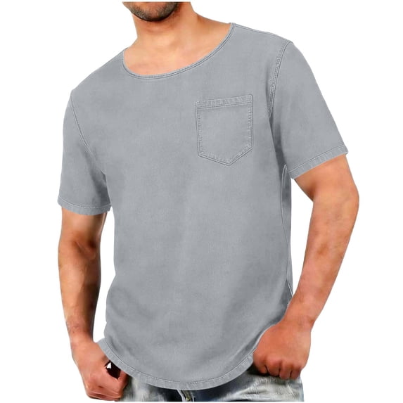 YLSDY Men's Washed Cotton T-Shirt with Chest Pocket Curved Hem Casual Loose Fit Tee Gray M