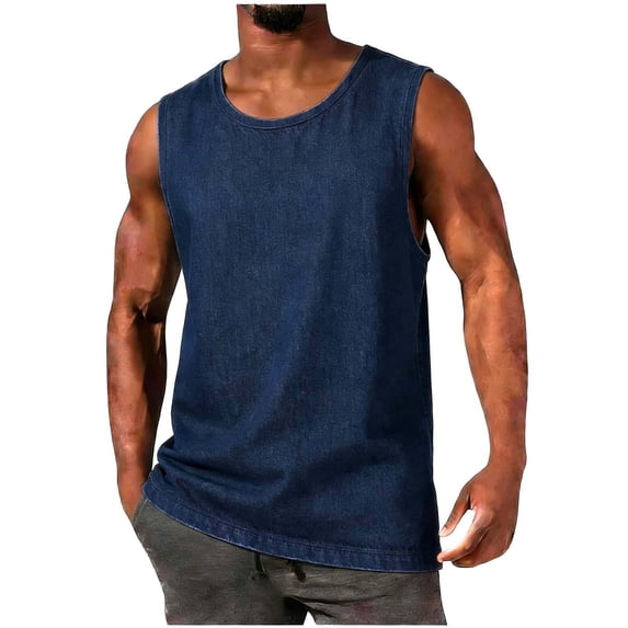 YLSDY Men's Washed Faux Denim Sleeveless Top, Relaxed Fit Crew Neck Tank for Street Style Blue XXXXL