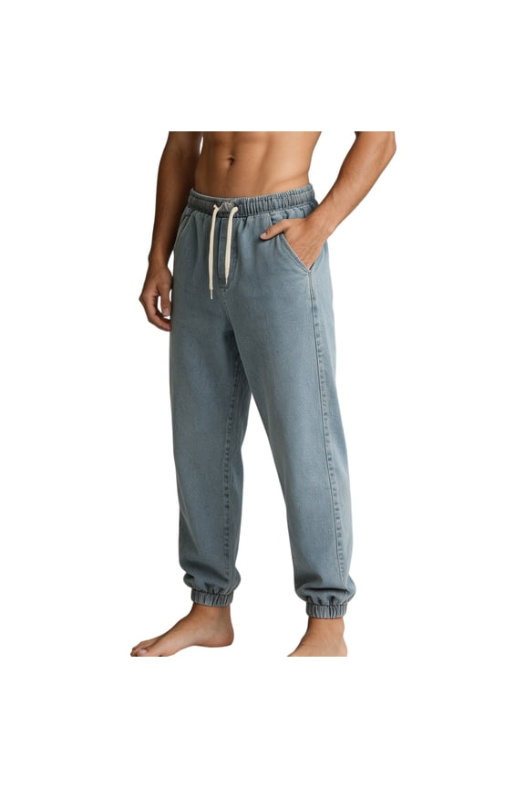 Men's Washed Finish Denim Jogger Pants, Elastic Waist Drawstring, Relaxed Fit Casual Denim Trousers Blue M
