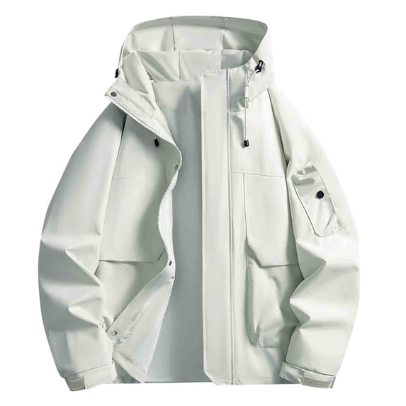 YLSDY Men's Waterproof Cargo Jackets Outdoor Casual Long Sleeve Hooded Windbreaker Coat Outerwear Zip Up Sports Coat with Pockets White M