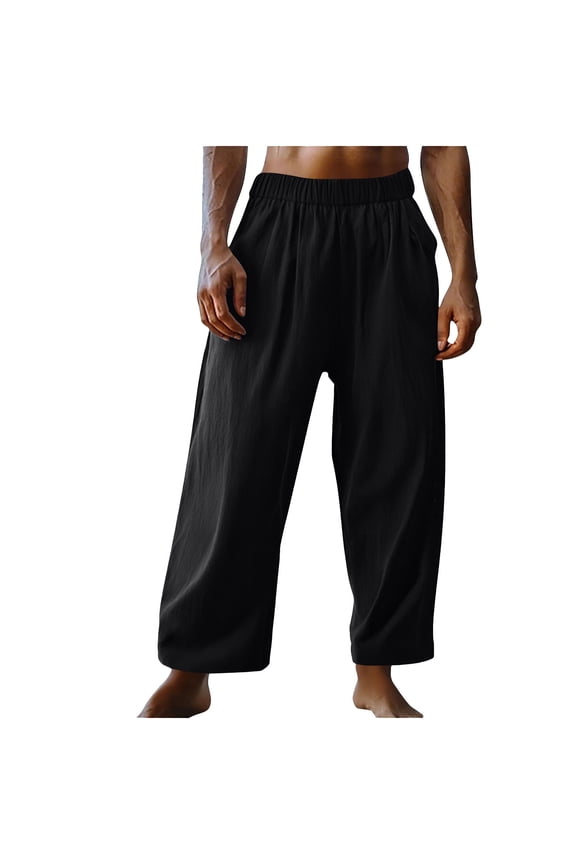Men’s Wide Leg Casual Beach Pants Loose Elastic Waist Lightweight Straight Vacation Trousers with Pockets Black XXL