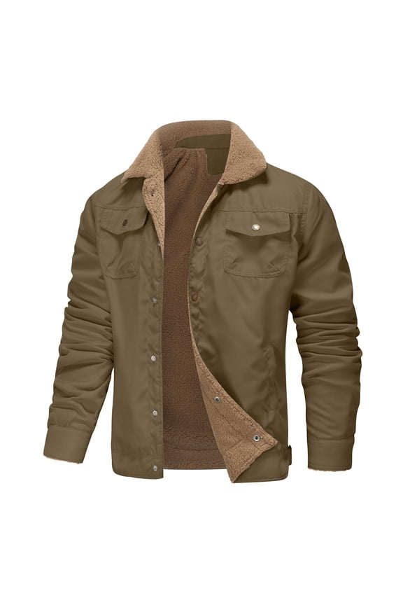 Men's Winter Fleece Jacket Warm Sherpa Lined Trucker Coats Outwear Thickened Bomber Jackets with Pockets Army Green S