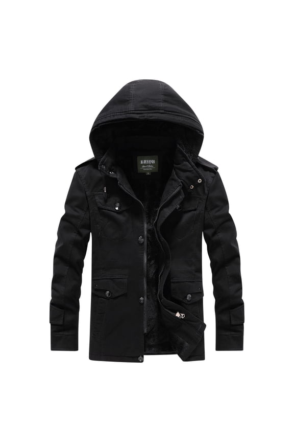 Men's Winter Hooded Jacket Thick Warm Fleece Lined Cotton Military Jacket Outdoor Coat Black XXL
