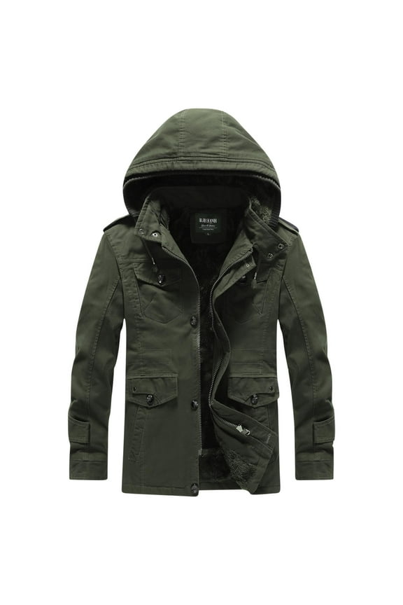 Men's Winter Hooded Jacket Thick Warm Fleece Lined Cotton Military Jacket Outdoor Coat Green L