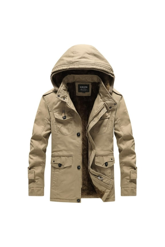 Men's Winter Hooded Jacket Thick Warm Fleece Lined Cotton Military Jacket Outdoor Coat Khaki M