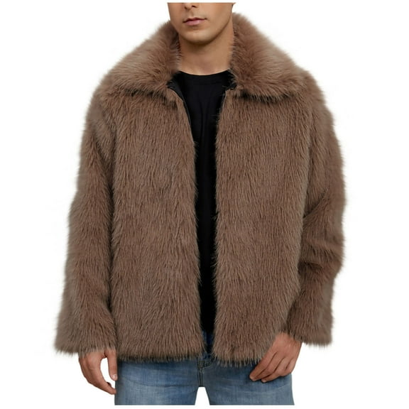 YLSDY Men's Winter Parka Coat Long Sleeve Turn Collar Faux Fur Coat Jacket Overcoat Plush Warm Winter Furry Jacket Brown XXL