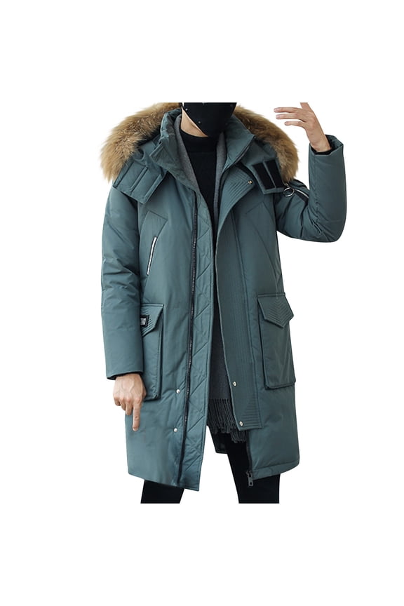 Men's Winter Parka Jacket Faux Fur Hood Thick Warm Long Down Coat Outerwear Thickened Windproof Snow Coat Green XL