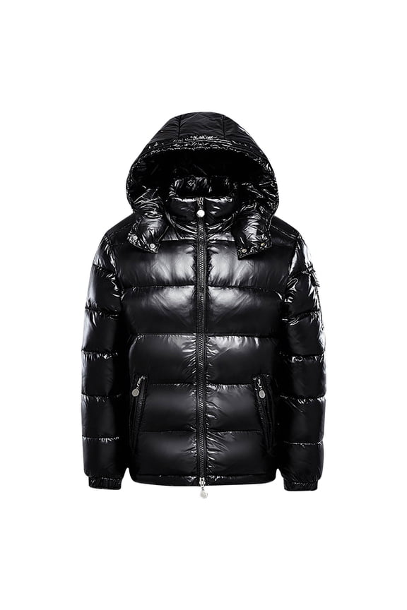 Men's Winter Warm Hooded Jackets Stand Collar Thickened Glossy Coats Outerwear Slim Fit Puffer Jacket Black L