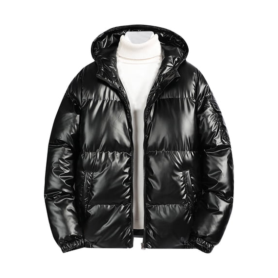 YLSDY Men's Winter Warm Hooded Puffer Jacket Stand Collar Shiny Metallic Down Coats Windproof Outwear Parkas Black XXL