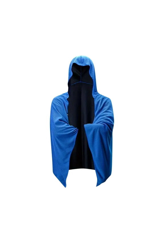 Men's Winter Warm Long Hooded Cloak Solid Color Loose Outwear with Big Pockets Medieval Gothic Punk Style Cape Coat Blue Free Size