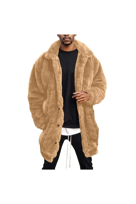 Men's Winter Warm Teddy Bear Thickened Coat Fluffy Long Overcoat Soft Outwear Plus Velvet Lapel Single Breasted Pockets Oversized Fluffy Jacket Khaki XXXL