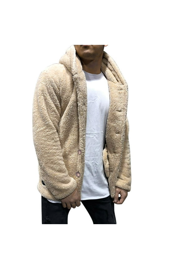 Men's Winter Warm Teddy Faux Fur Fleece Coat Fuzzy Outwear Overcoat Button Up Plus Size Fluffy Thickened Velvet Jackets with Pockets Khaki XXXL
