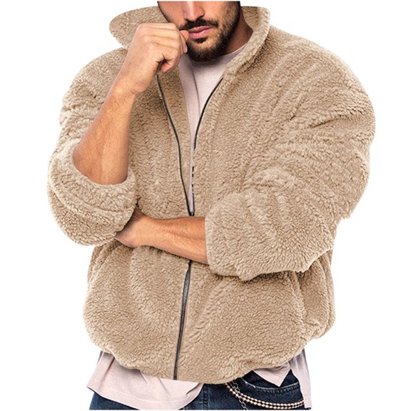 YLSDY Men's Winter Warm Teddy Fleece Full Zip Up Oversized Trucker Coats Jacket with Pockets Khaki XXXL