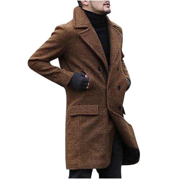 YLSDY Men's Winter Wool Blend Overcoat Double Breasted Pea Coat Slim Fit Notch Lapel Business Warm Long Trench Coat with Pockets Coffee XL
